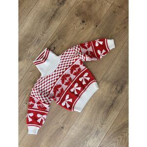 VTG Park Bench Kids Vintage Valentines Red White Turtleneck Bow Girls Sweater